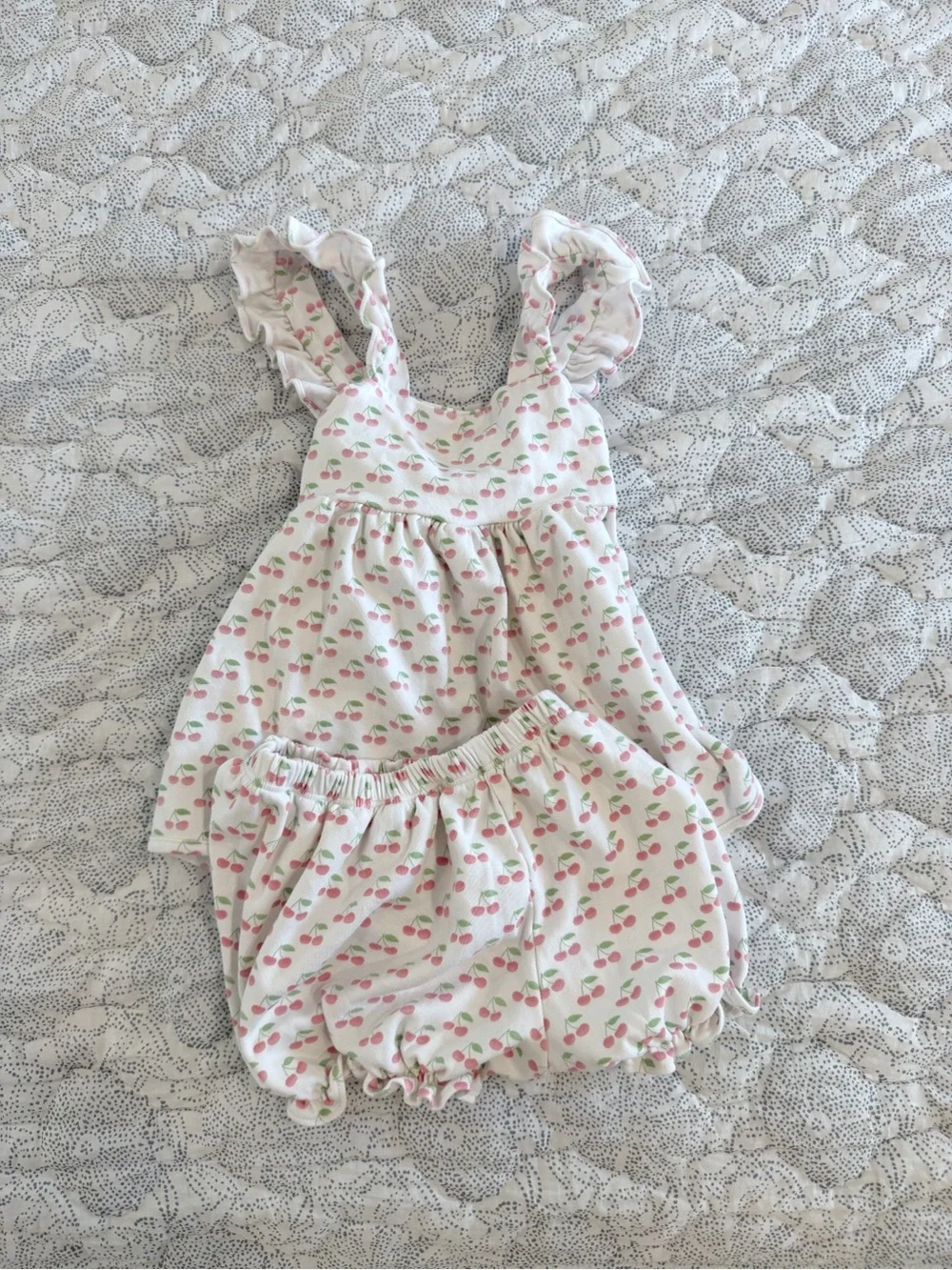 Sweet Cherry Print Ruffle Baby Romper Set - White with Pink & Green